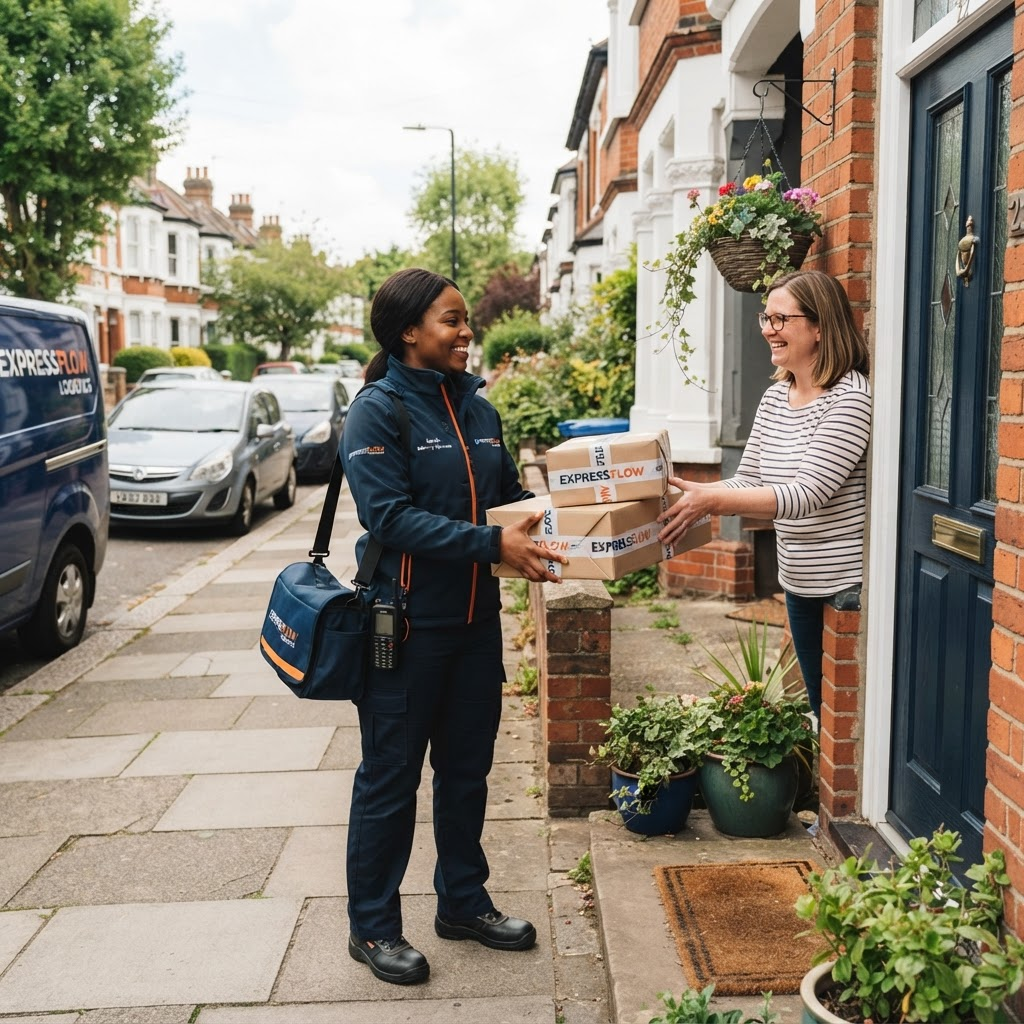 Courier delivering neatly wrapped parcels to a UK doorstep